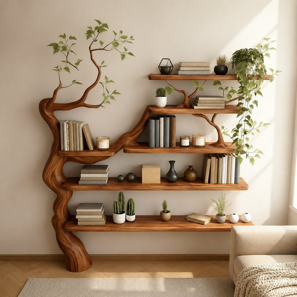 Solid Wood Live-Edge Wall Shelf Wavy Floating Display for Living Room
