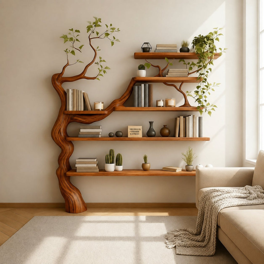 Solid Wood Live-Edge Wall Shelf Wavy Floating Display for Living Room