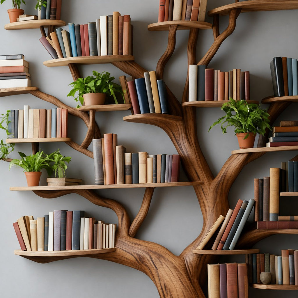 Solid Wood Tree-Branch Bookshelf Sprawling Live-Edge Wall Library Display