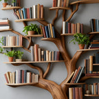 Solid Wood Tree-Branch Bookshelf Sprawling Live-Edge Wall Library Display