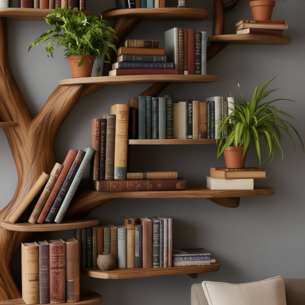 Solid Wood Tree-Branch Bookshelf Sprawling Live-Edge Wall Library Display