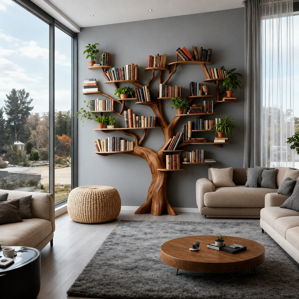 Solid Wood Tree-Branch Bookshelf Sprawling Live-Edge Wall Library Display