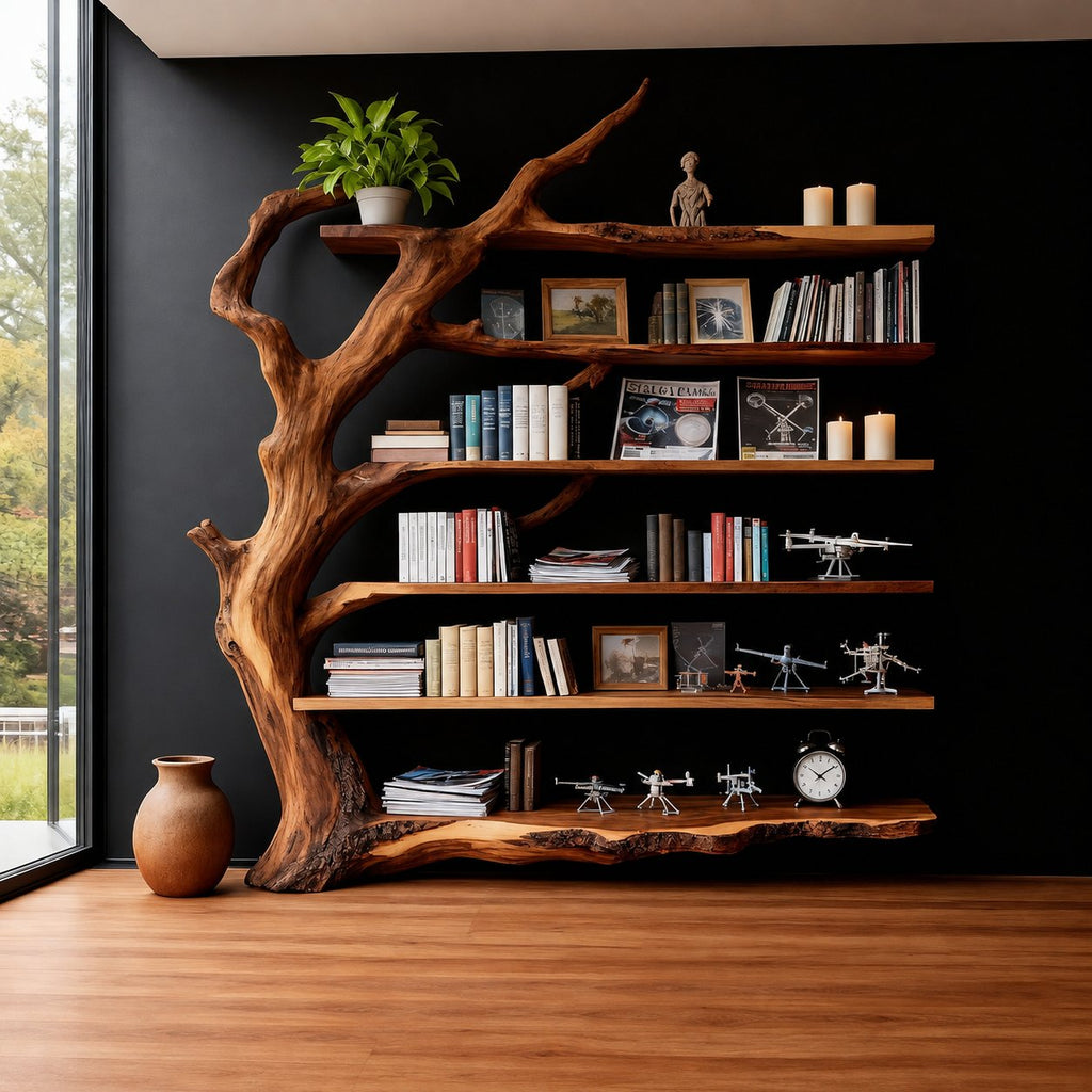 Solid Wood Driftwood Bookshelf Sculptural Live-Edge Freestanding Library Room