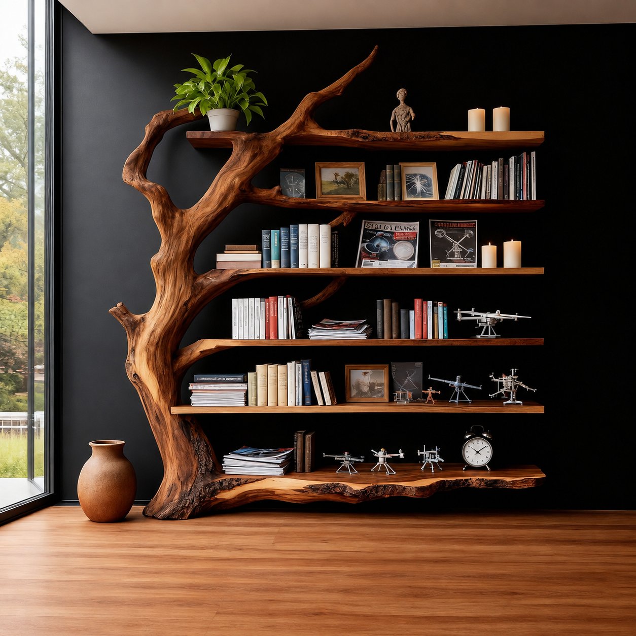 Solid Wood Driftwood Bookshelf Sculptural Live-Edge Freestanding Library Room