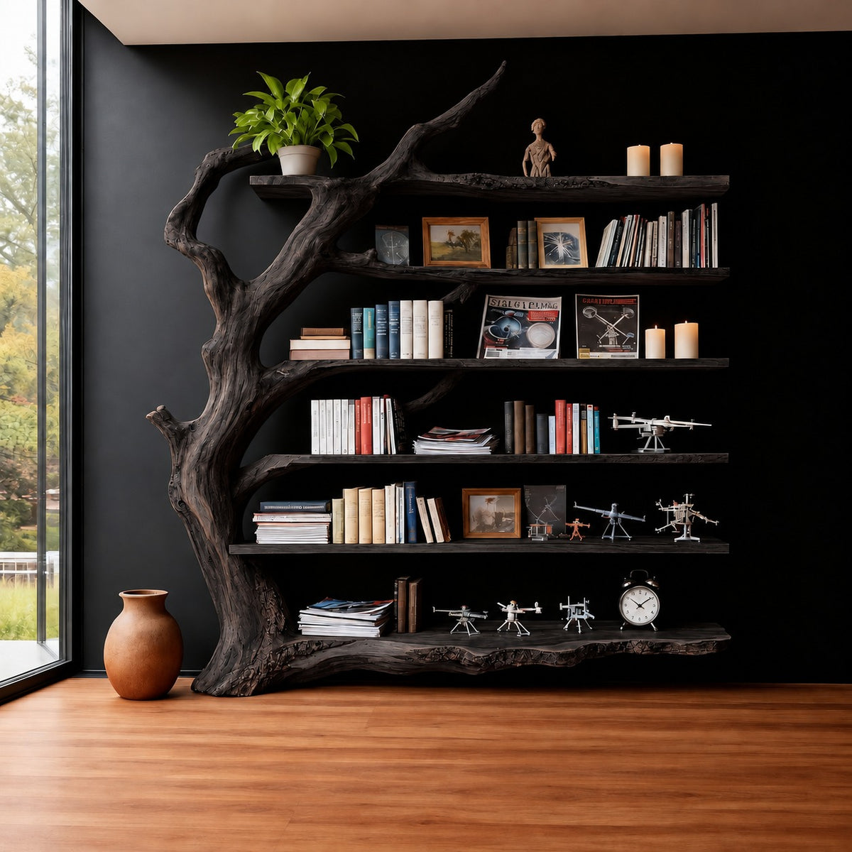 Tree Trunk Bookshelf, Weathered Driftwood Solid Wood Freestanding Library