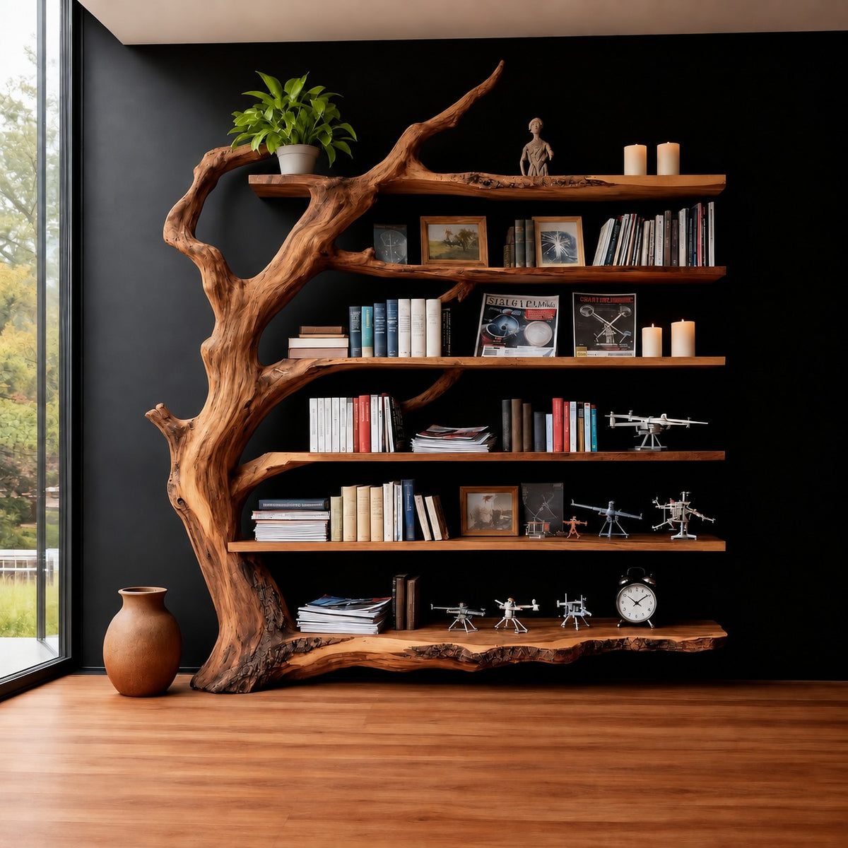 Tree Trunk Bookshelf, Weathered Driftwood Solid Wood Freestanding Library