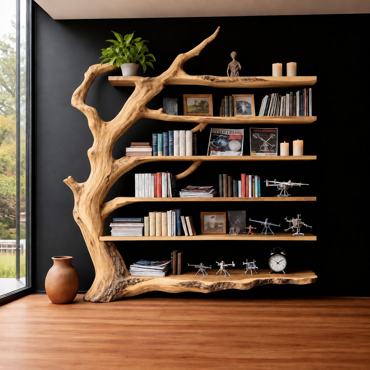 Tree Trunk Bookshelf, Weathered Driftwood Solid Wood Freestanding Library