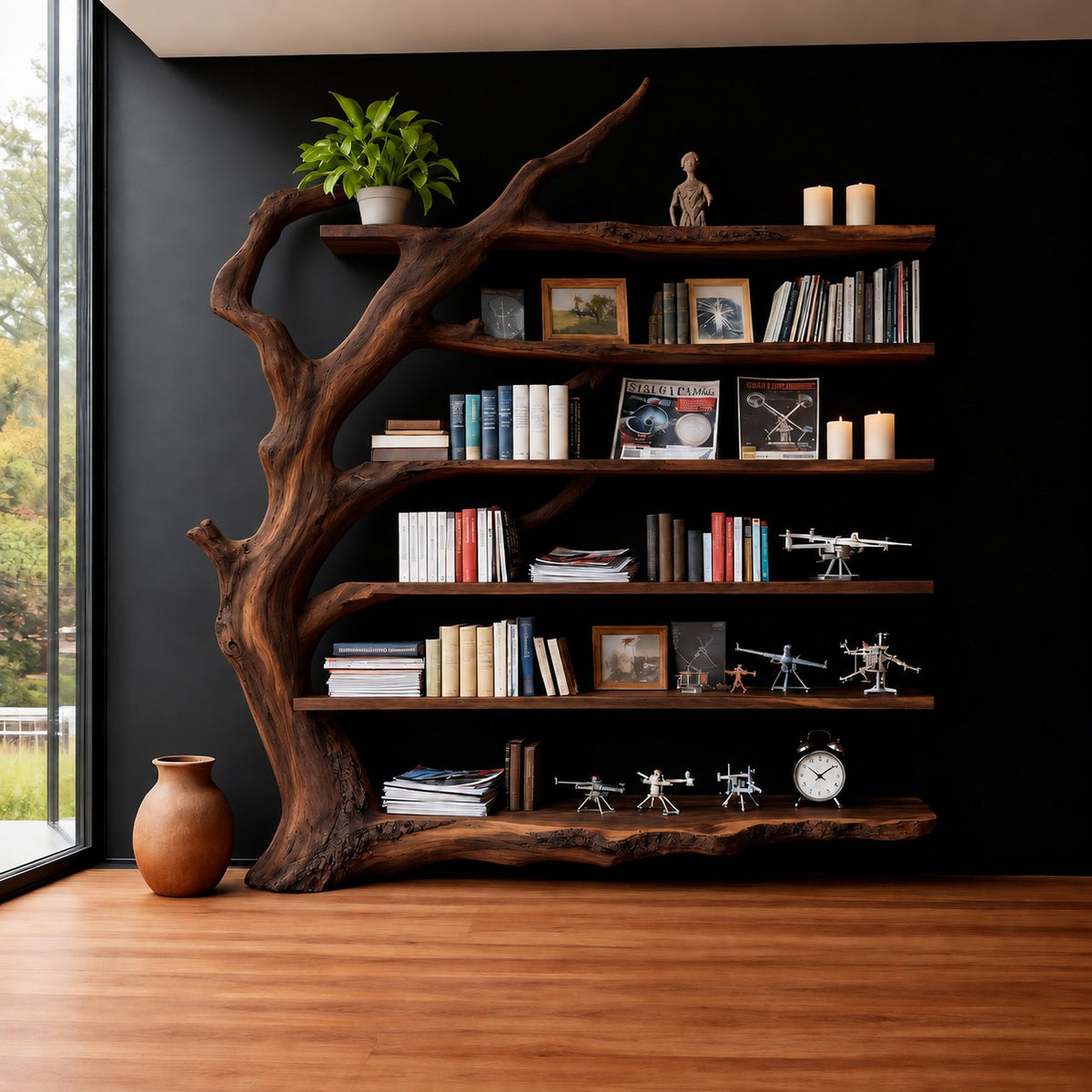 Tree Trunk Bookshelf, Weathered Driftwood Solid Wood Freestanding Library
