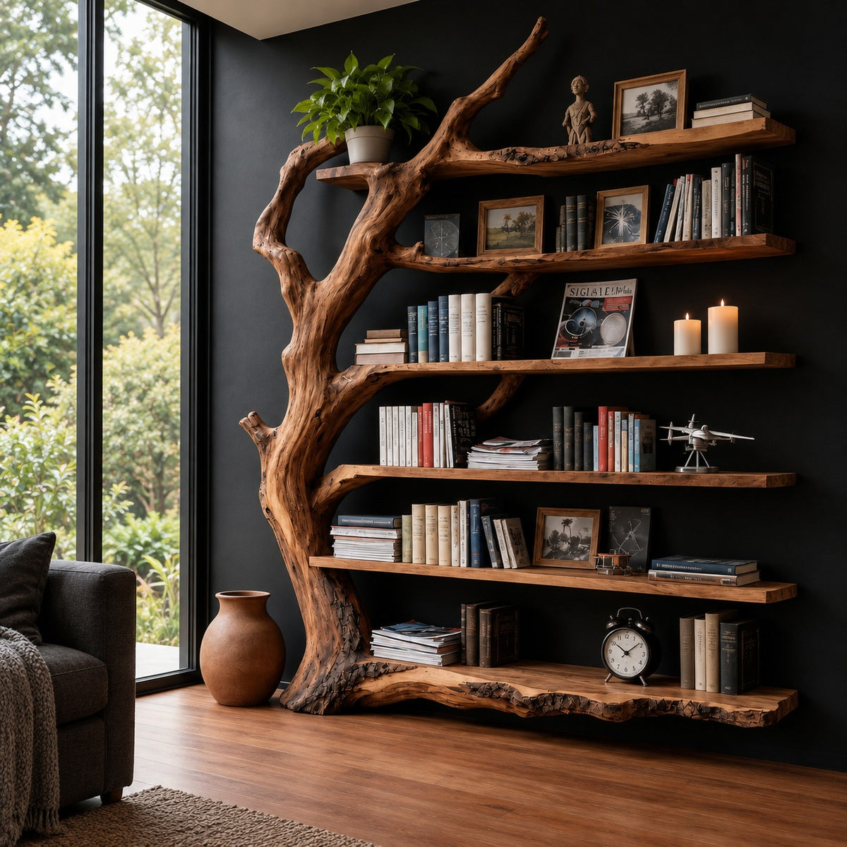 Tree Trunk Bookshelf, Weathered Driftwood Solid Wood Freestanding Library