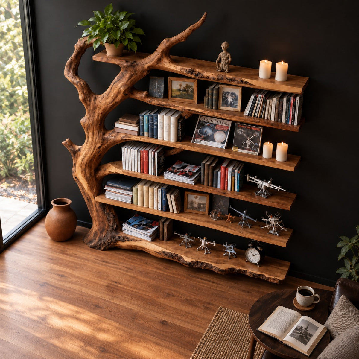 Tree Trunk Bookshelf, Weathered Driftwood Solid Wood Freestanding Library