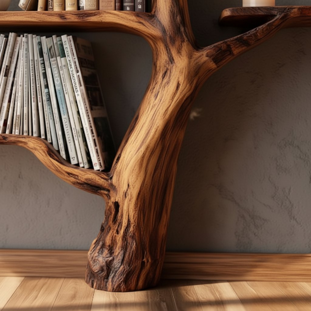 Solid Wood Tree-Trunk Bookshelf Sculptural Live-Edge Freestanding Study Shelving