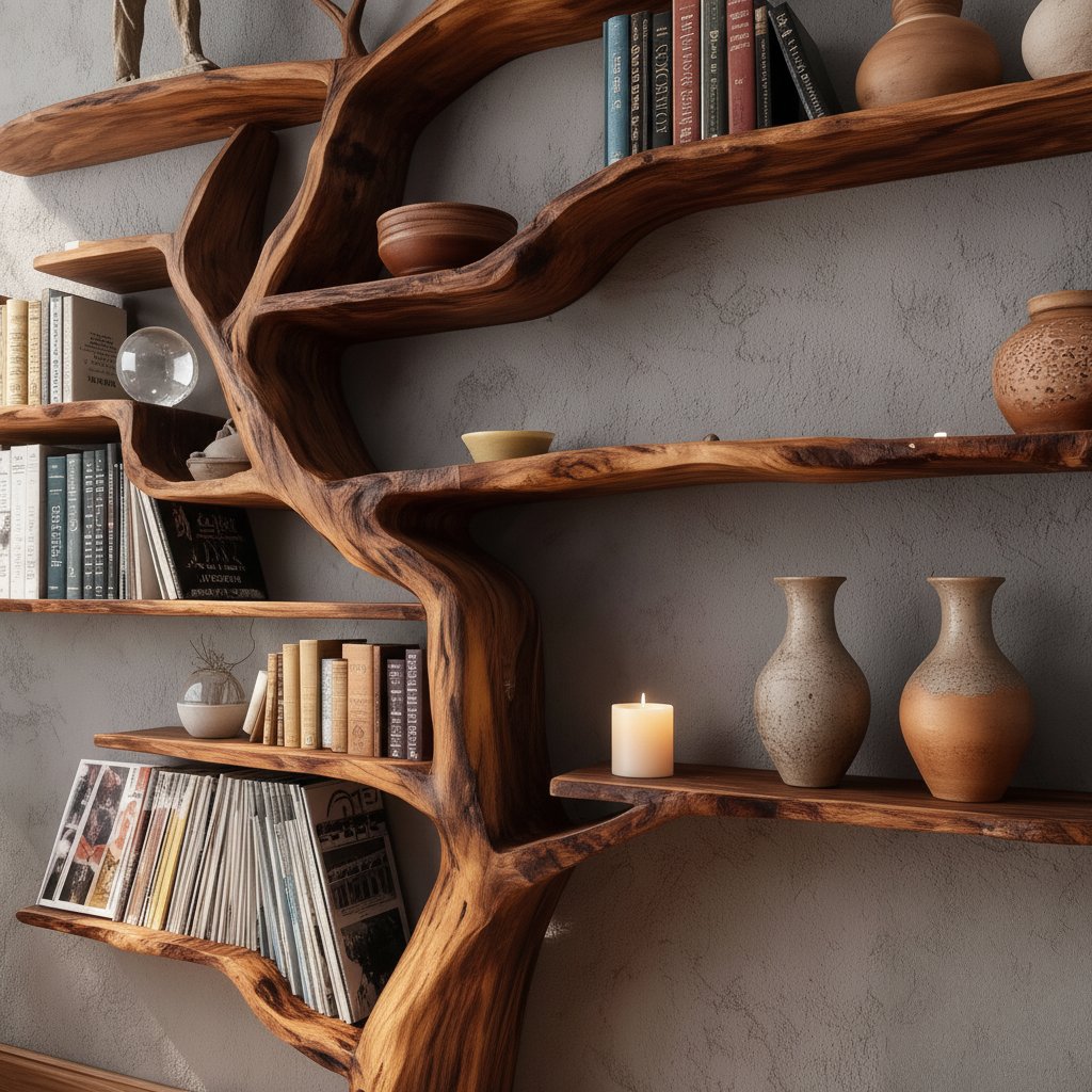 Solid Wood Tree-Trunk Bookshelf Sculptural Live-Edge Freestanding Study Shelving