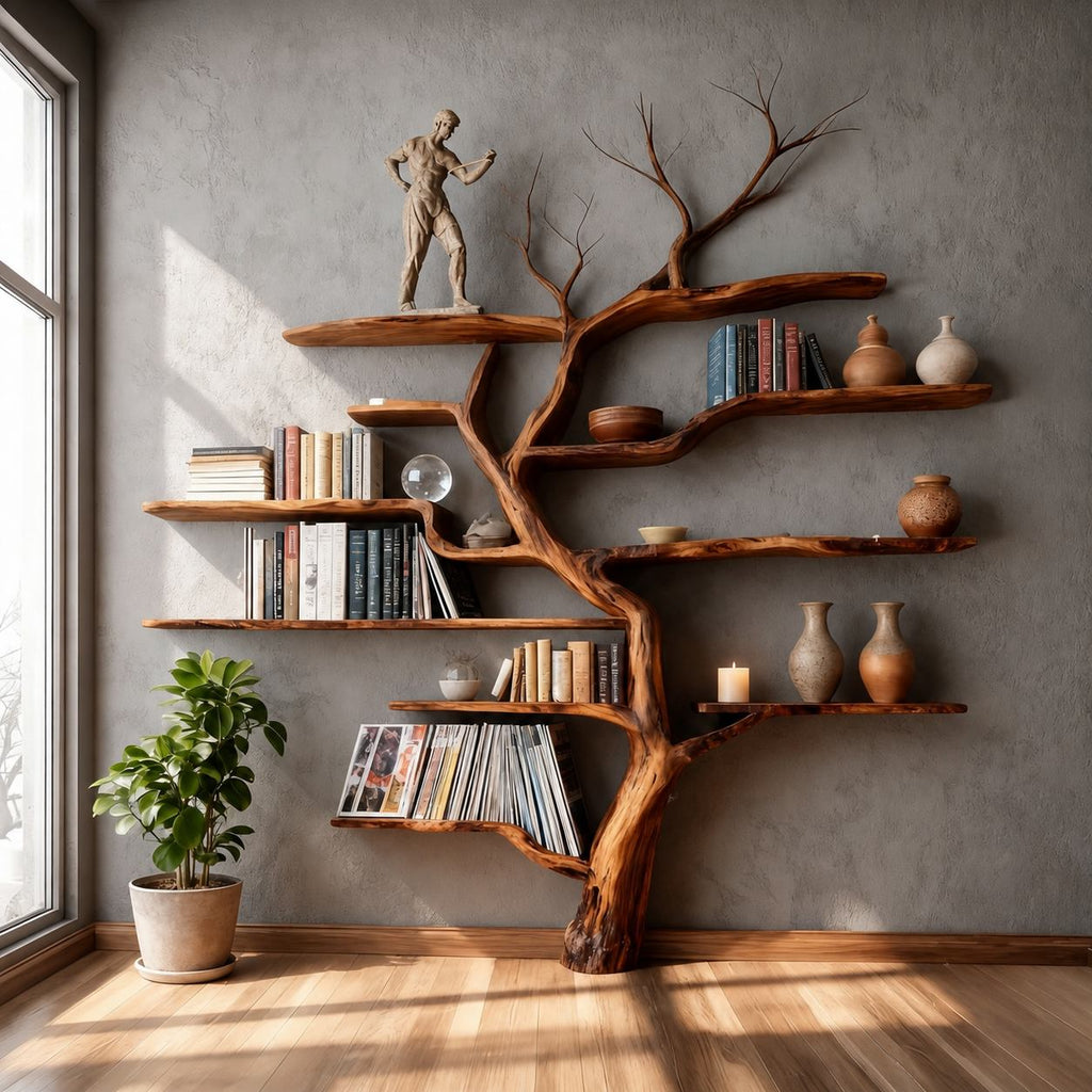 Solid Wood Tree-Trunk Bookshelf Sculptural Live-Edge Freestanding Study Shelving