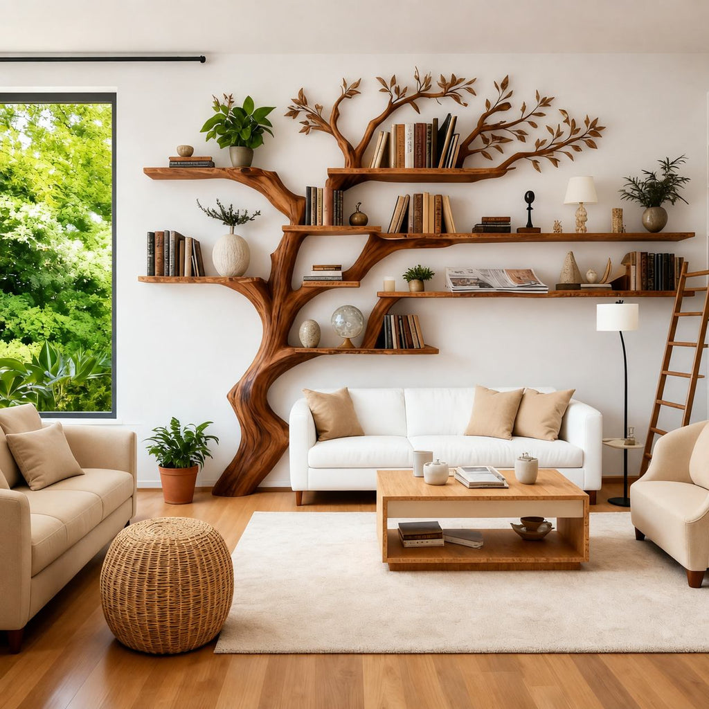 Solid Wood Tree-Branch Bookshelf Airy Live-Edge Wall Display for Living Room