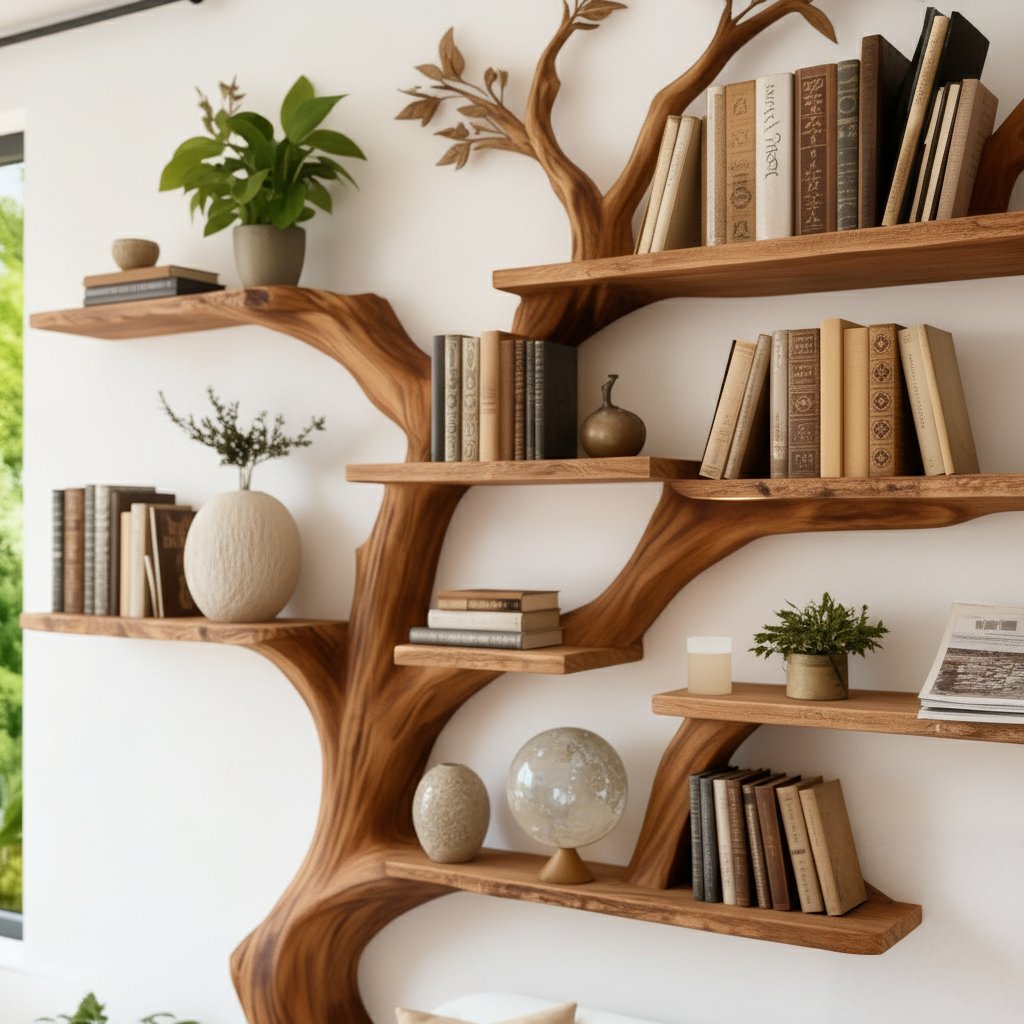 Solid Wood Tree-Branch Bookshelf Airy Live-Edge Wall Display for Living Room