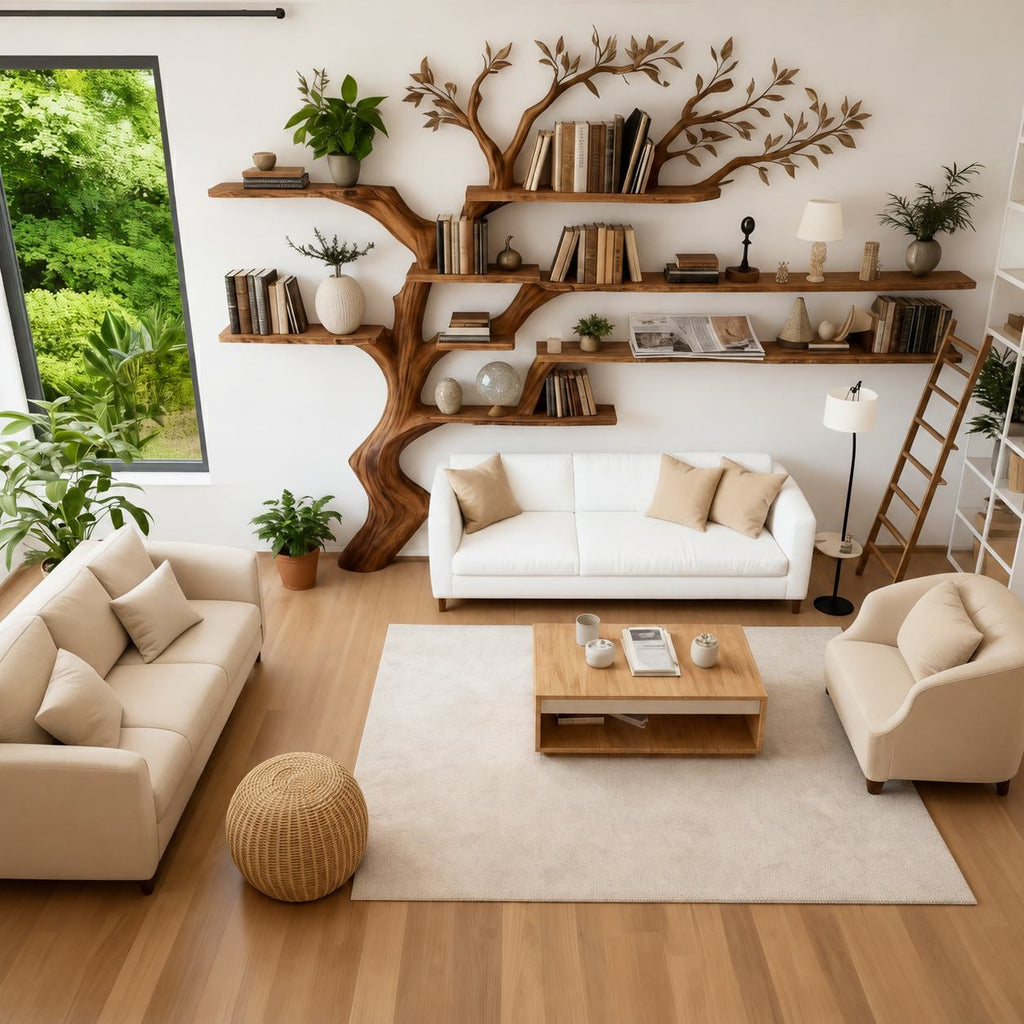 Solid Wood Tree-Branch Bookshelf Airy Live-Edge Wall Display for Living Room