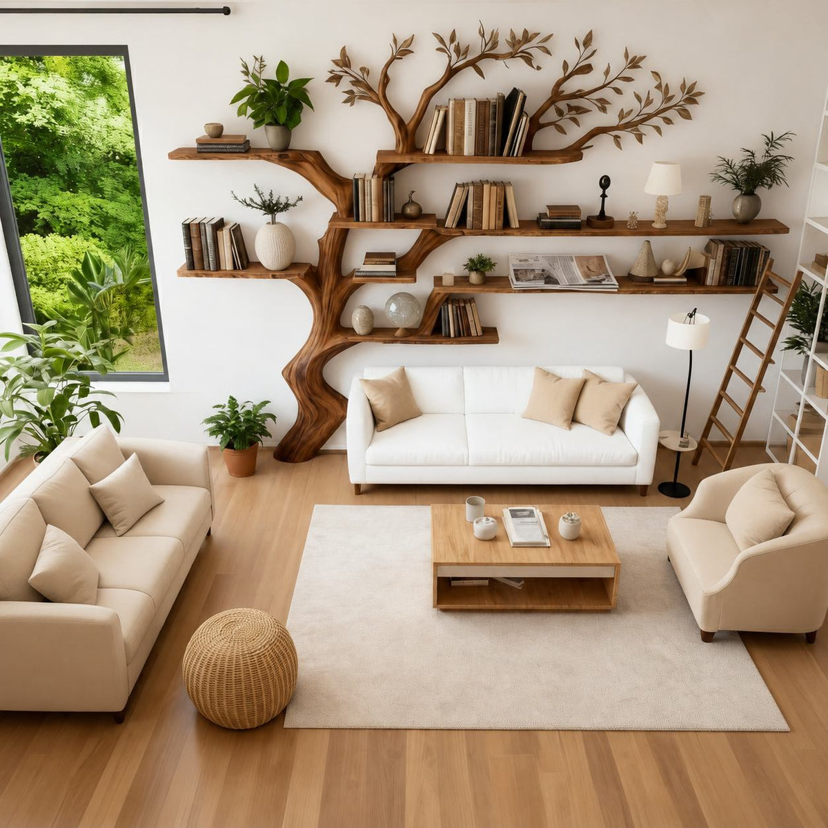 Solid Wood Tree-Branch Bookshelf Airy Live-Edge Wall Display for Living Room
