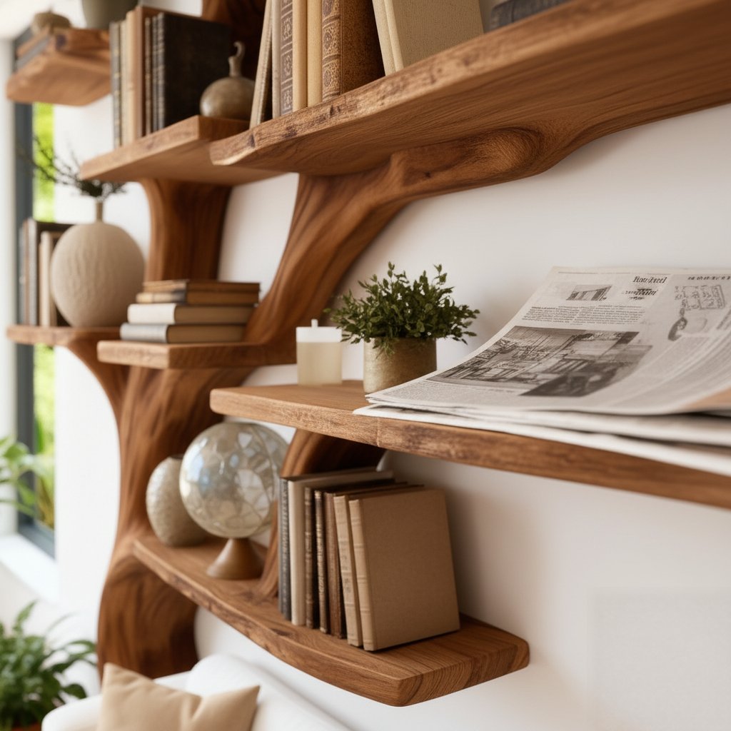 Solid Wood Tree-Branch Bookshelf Airy Live-Edge Wall Display for Living Room