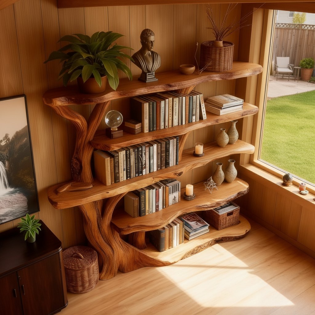 Solid Wood Live-Edge Wall Shelf Tiered Floating Bookshelf for Study Room