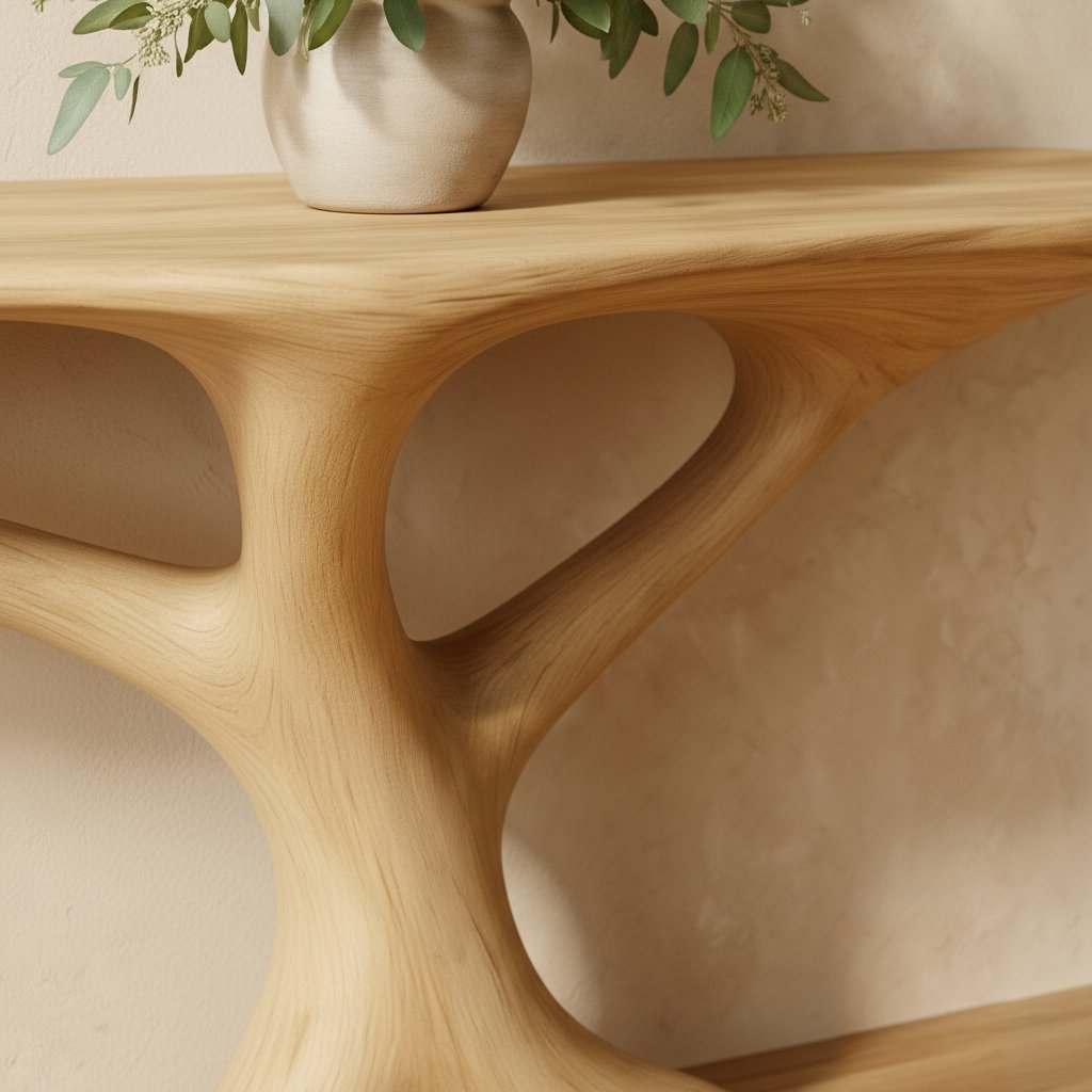 Solid Wood Sculptural Pedestal Console Table Curved Base for Entryway Hallway