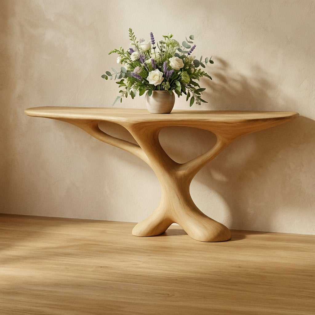Solid Wood Sculptural Pedestal Console Table Curved Base for Entryway Hallway
