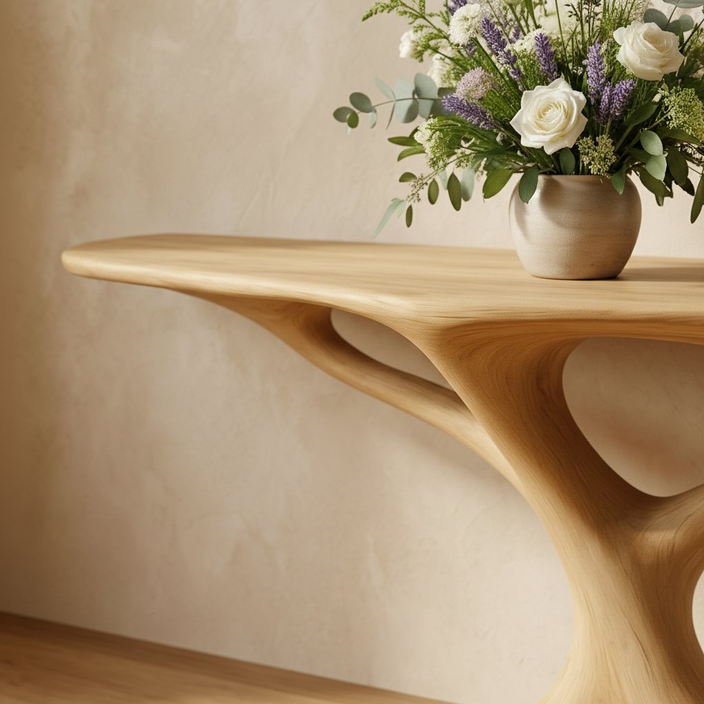 Solid Wood Sculptural Pedestal Console Table Curved Base for Entryway Hallway