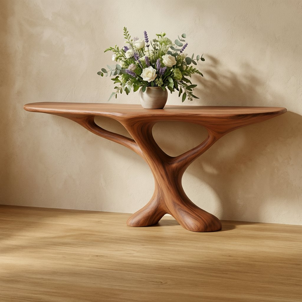 Solid Wood Sculptural Pedestal Console Table Curved Base for Entryway Hallway