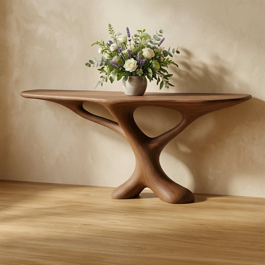 Solid Wood Sculptural Pedestal Console Table Curved Base for Entryway Hallway