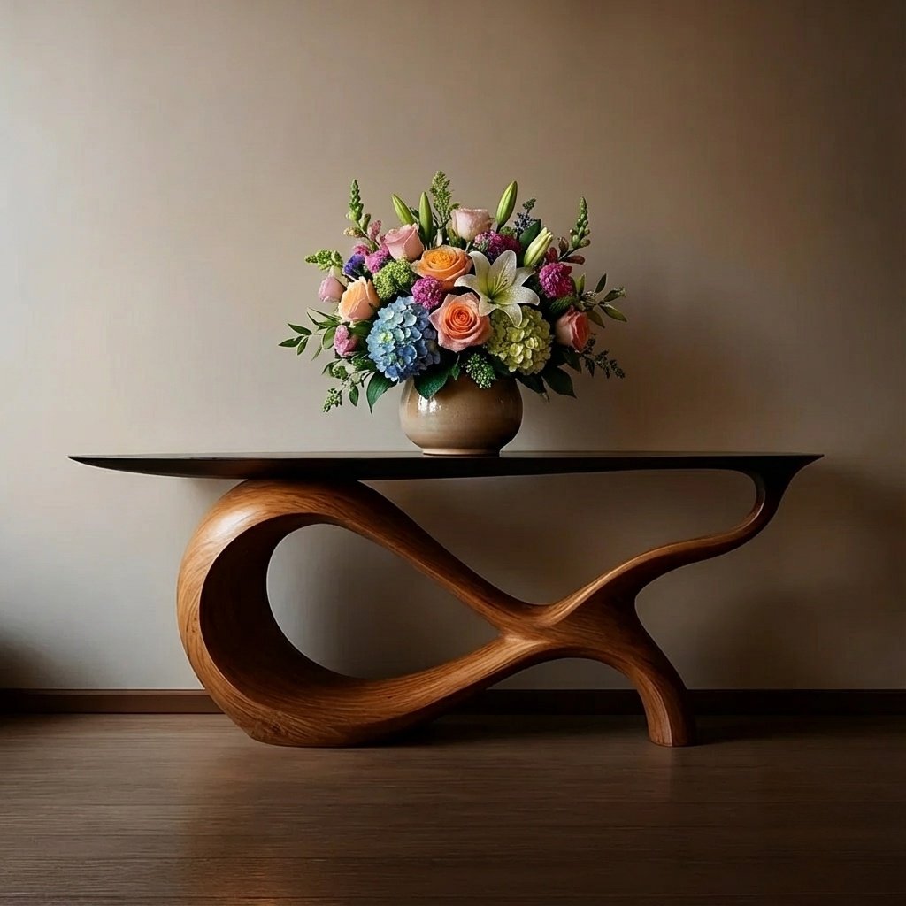 Solid Wood Sculptural Console Table with Curved Loop Base for Entryway