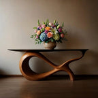 Solid Wood Sculptural Console Table with Curved Loop Base for Entryway