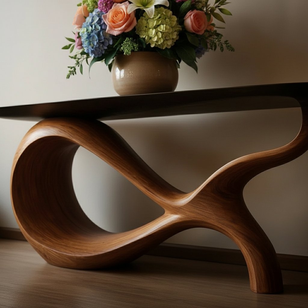 Solid Wood Sculptural Console Table with Curved Loop Base for Entryway