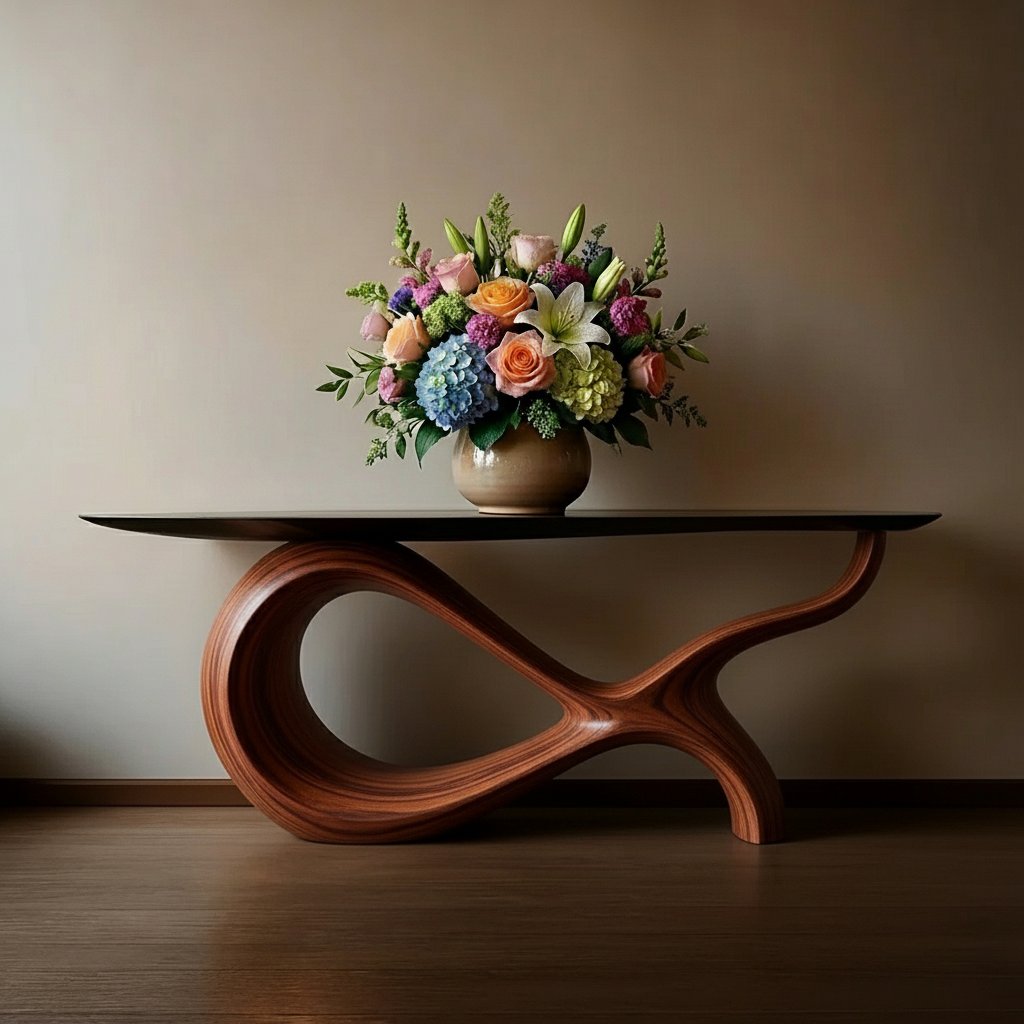 Solid Wood Sculptural Console Table with Curved Loop Base for Entryway
