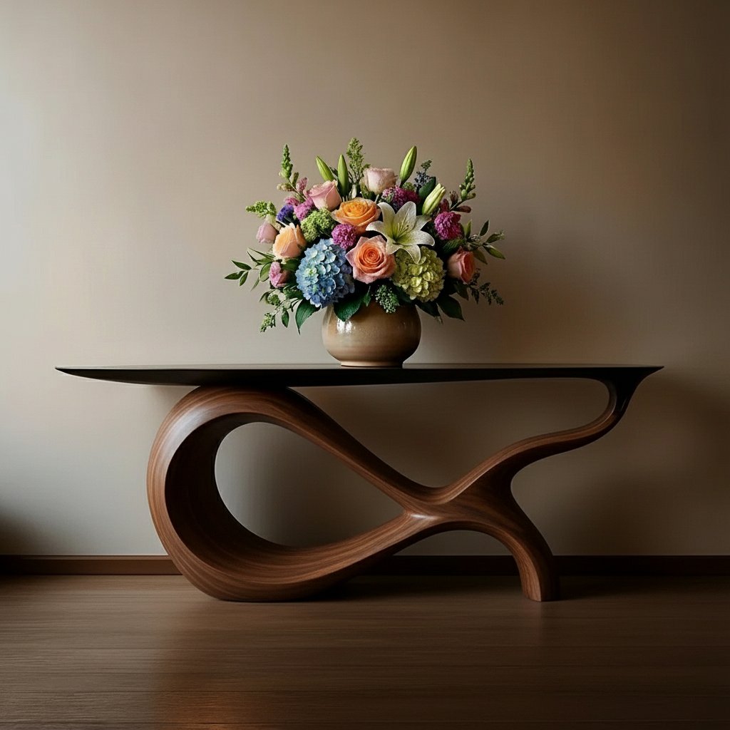 Solid Wood Sculptural Console Table with Curved Loop Base for Entryway
