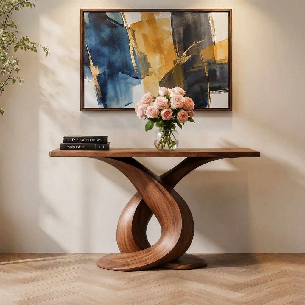 Solid Wood Sculptural Console Table with Infinity Twist Base for Entryway