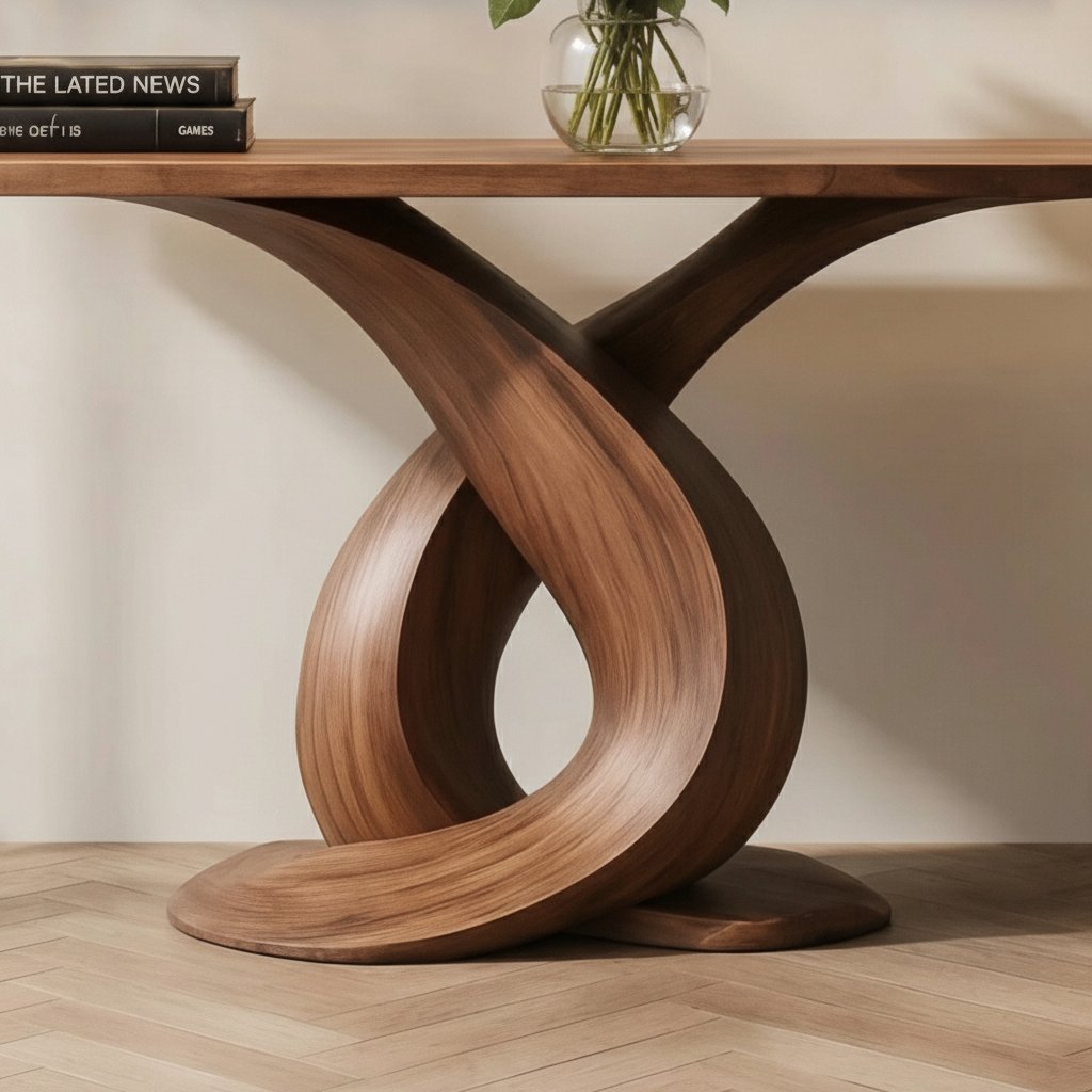 Solid Wood Sculptural Console Table with Infinity Twist Base for Entryway