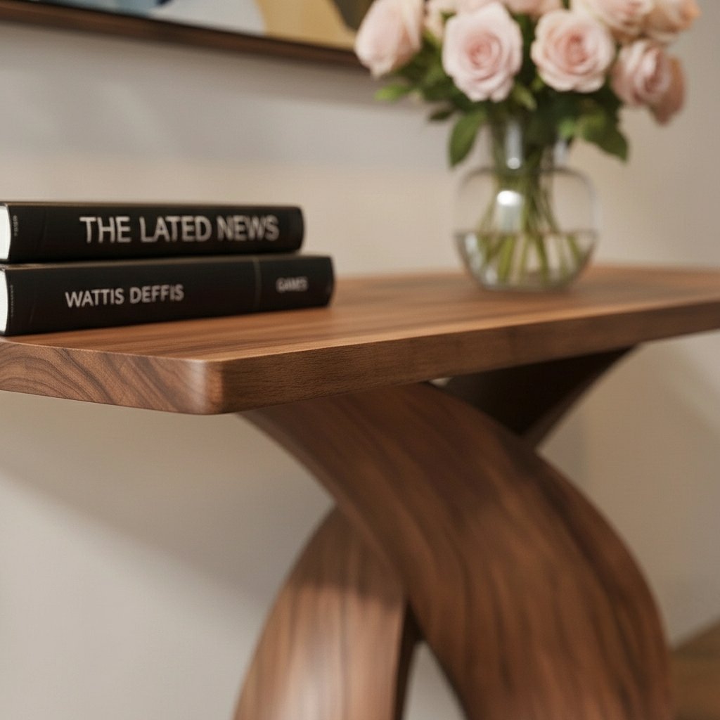 Solid Wood Sculptural Console Table with Infinity Twist Base for Entryway