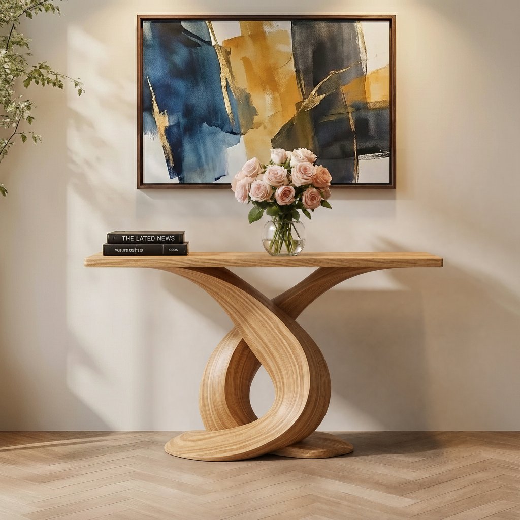Solid Wood Sculptural Console Table with Infinity Twist Base for Entryway