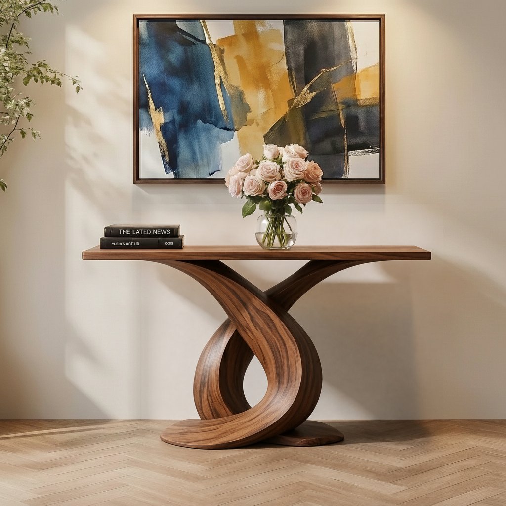 Solid Wood Sculptural Console Table with Infinity Twist Base for Entryway