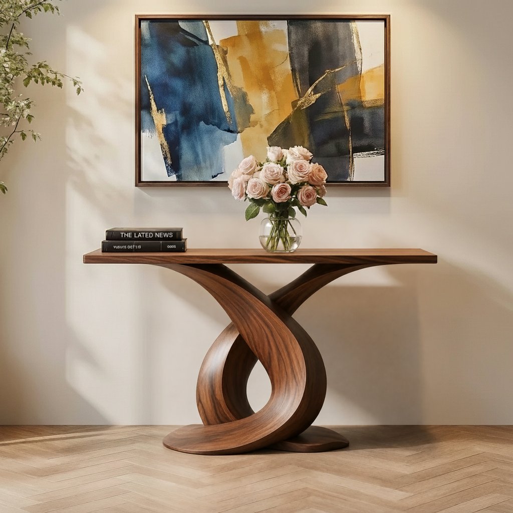 Solid Wood Sculptural Console Table with Infinity Twist Base for Entryway