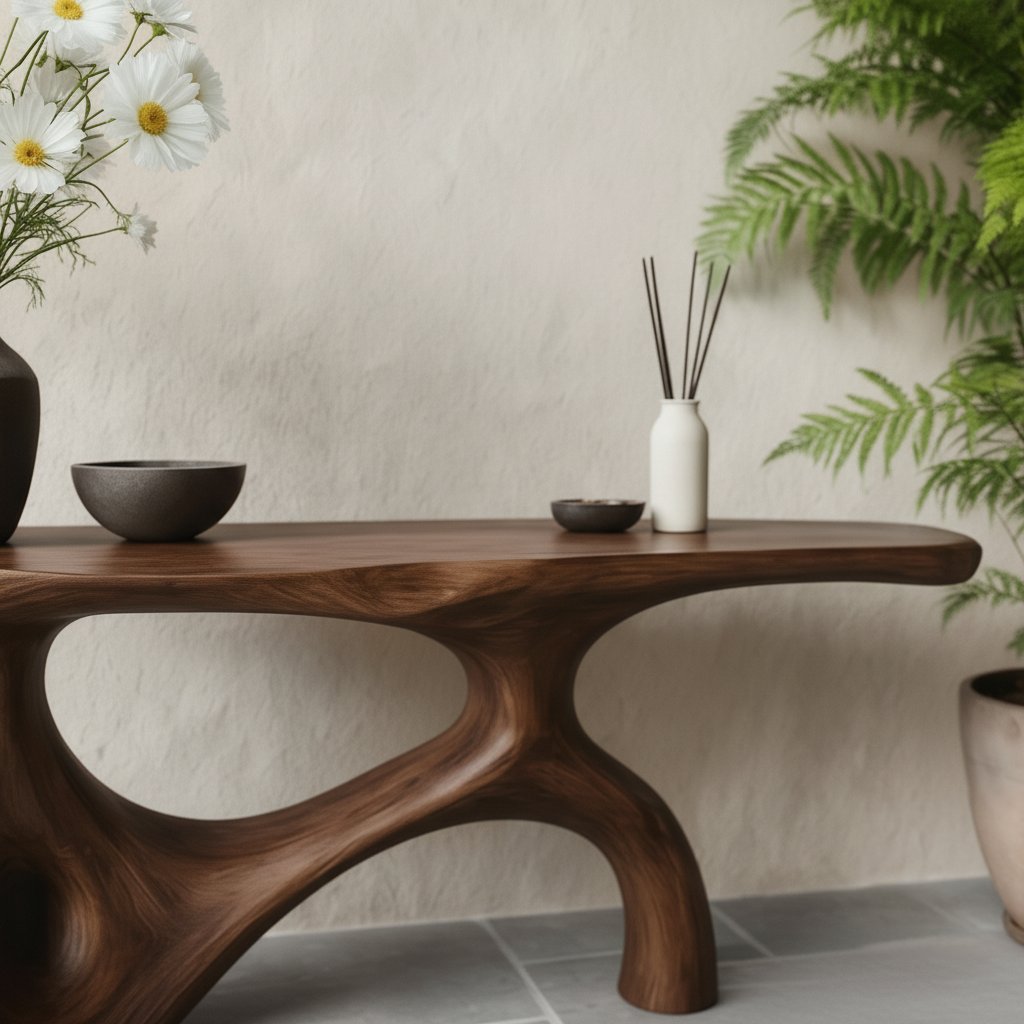 Solid Wood Organic Wavy Sculptural Console Table Live-Edge for Living Room