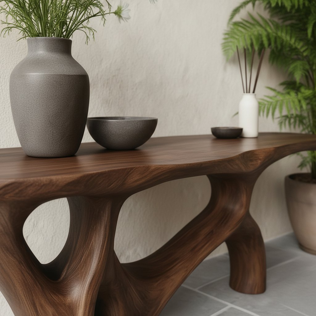 Solid Wood Organic Wavy Sculptural Console Table Live-Edge for Living Room