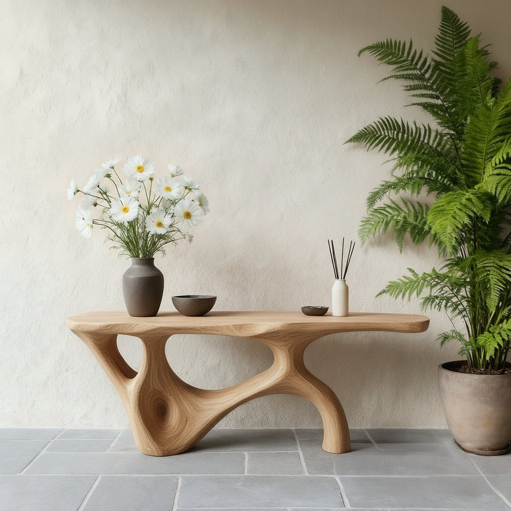 Solid Wood Organic Wavy Sculptural Console Table Live-Edge for Living Room