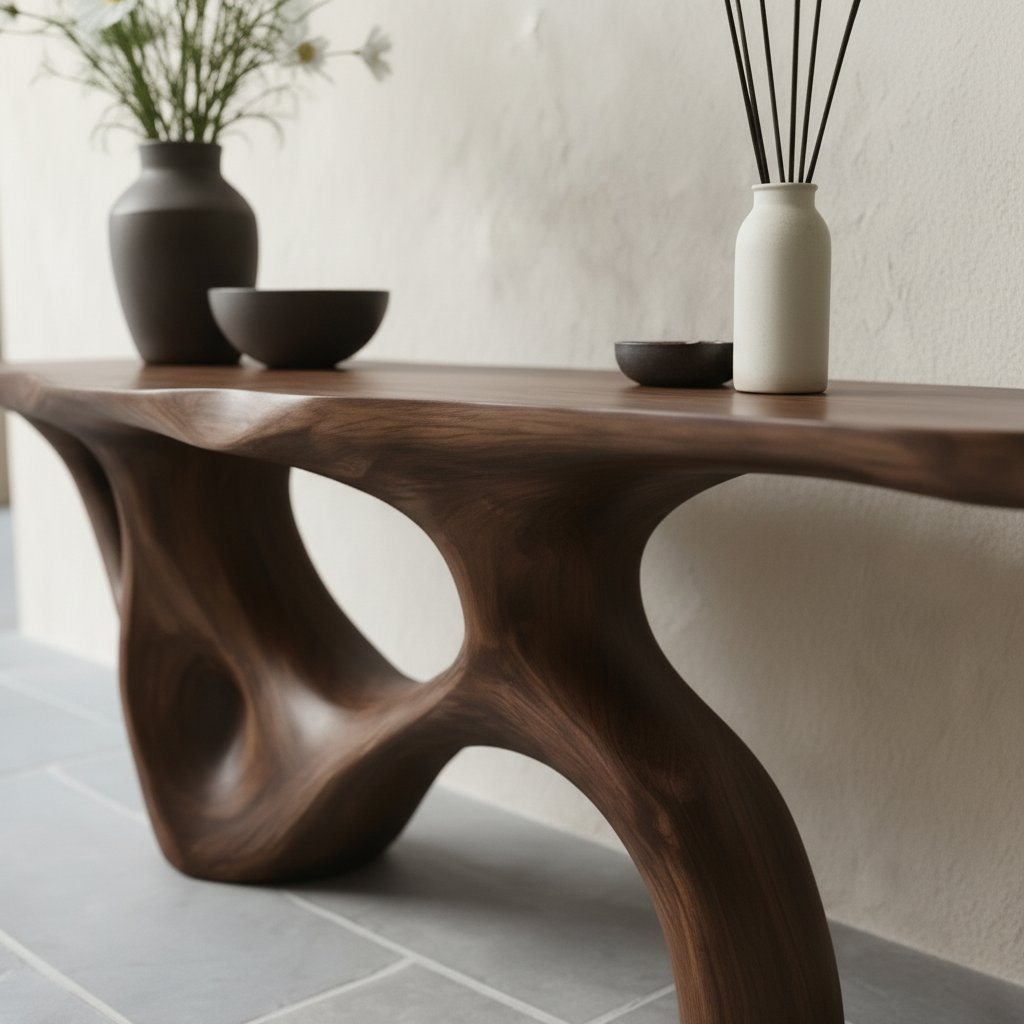 Solid Wood Organic Wavy Sculptural Console Table Live-Edge for Living Room