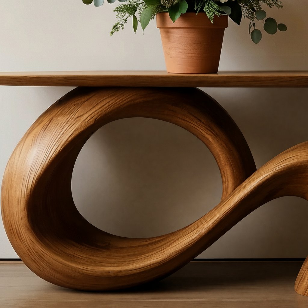 Solid Wood Infinity Loop Sculptural Console Table for Minimalist Entryway