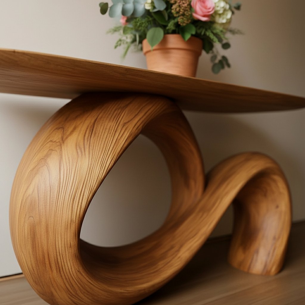 Solid Wood Infinity Loop Sculptural Console Table for Minimalist Entryway