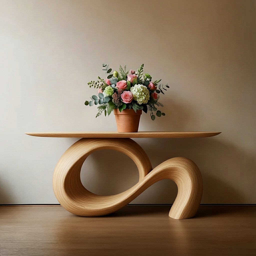 Solid Wood Infinity Loop Sculptural Console Table for Minimalist Entryway