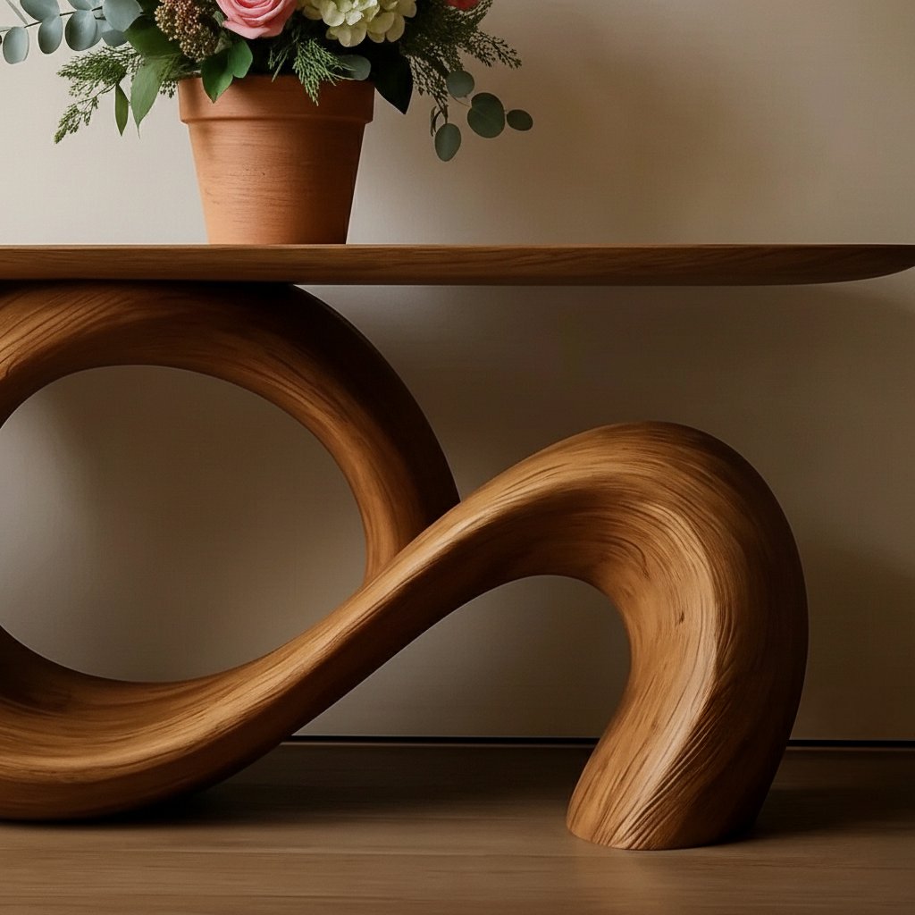 Solid Wood Infinity Loop Sculptural Console Table for Minimalist Entryway