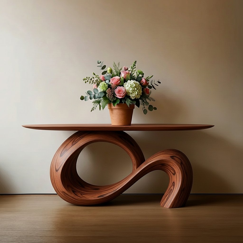 Solid Wood Infinity Loop Sculptural Console Table for Minimalist Entryway