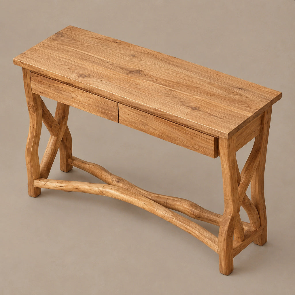 Traditional Sculpted Wood Console Table With Crossed X Legs For Entryway