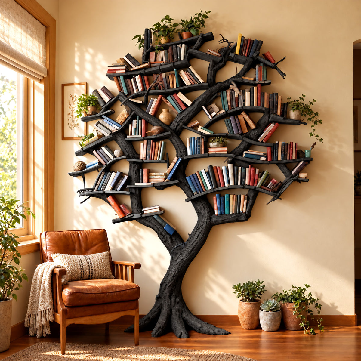 Rustic Tree Bookshelf Packed With Branch Shelves For Living Room